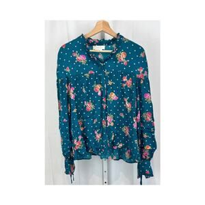 by ANTHROPOLOGIE Floral Polka Dot Tie Cuff Satin Blouse Top Blue Pink Size M